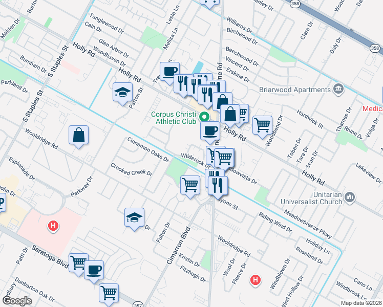 map of restaurants, bars, coffee shops, grocery stores, and more near 2309 Capitan Drive in Corpus Christi