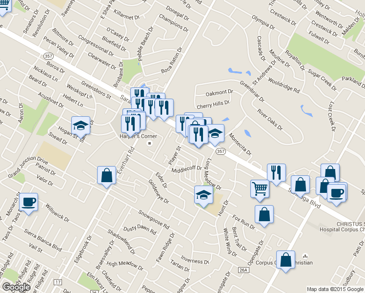 map of restaurants, bars, coffee shops, grocery stores, and more near 5009 Saratoga Boulevard in Corpus Christi