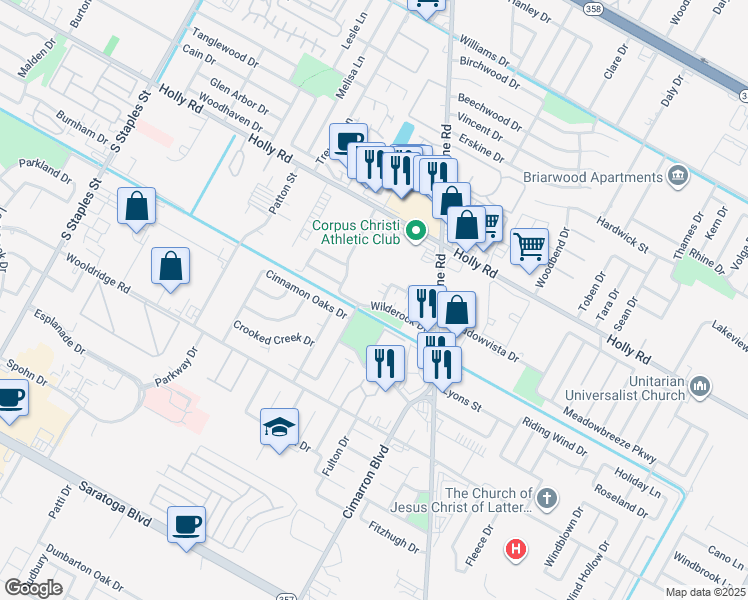 map of restaurants, bars, coffee shops, grocery stores, and more near 2418 Capitan Drive in Corpus Christi