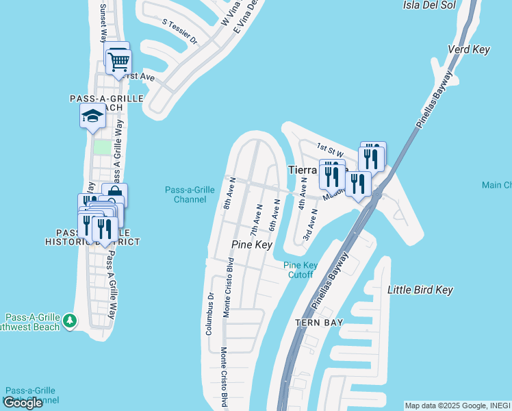 map of restaurants, bars, coffee shops, grocery stores, and more near 305 Monte Cristo Boulevard in Tierra Verde