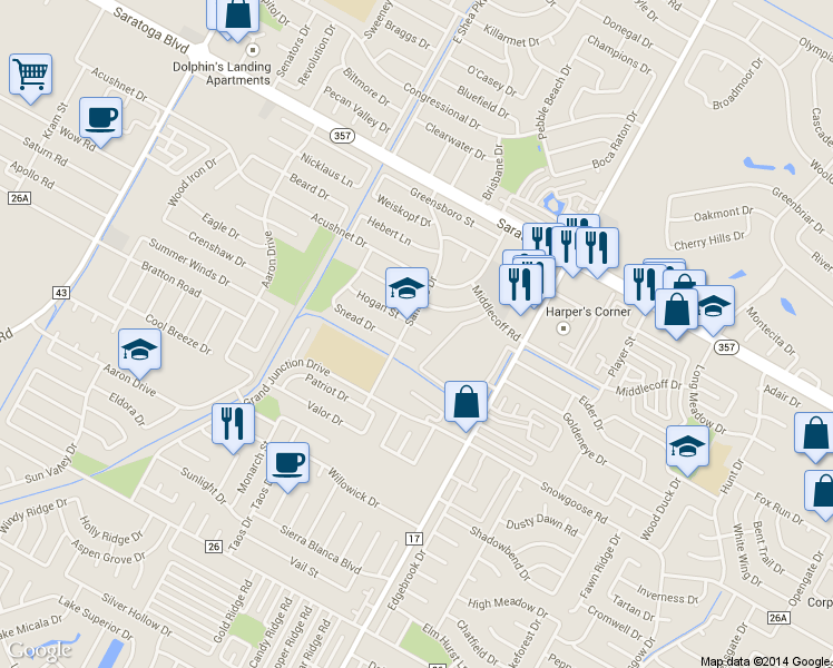map of restaurants, bars, coffee shops, grocery stores, and more near 4605 Hogan Street in Corpus Christi