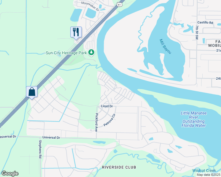 map of restaurants, bars, coffee shops, grocery stores, and more near Sunny Drive in Ruskin