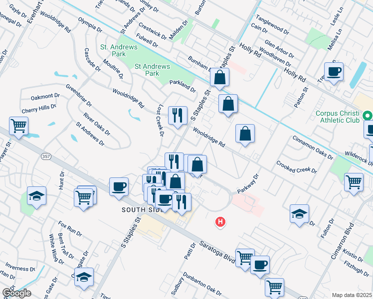map of restaurants, bars, coffee shops, grocery stores, and more near 6124 South Staples Street in Corpus Christi