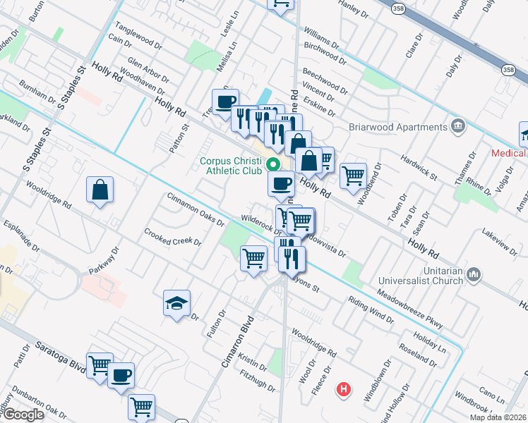 map of restaurants, bars, coffee shops, grocery stores, and more near 2309 Capitan Drive in Corpus Christi