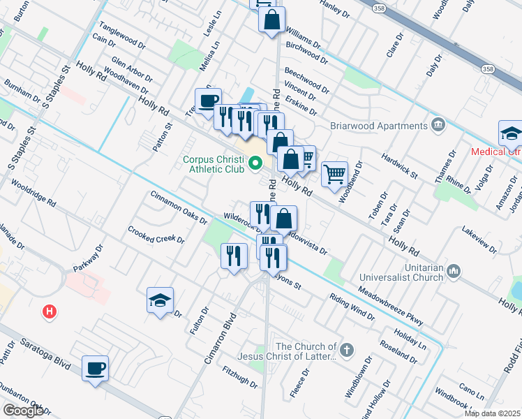 map of restaurants, bars, coffee shops, grocery stores, and more near 2149 Airline Road in Corpus Christi