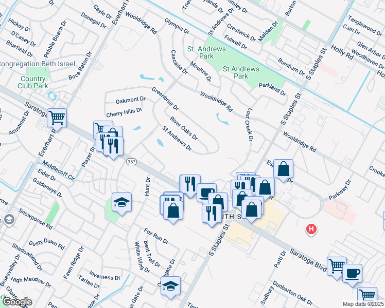 map of restaurants, bars, coffee shops, grocery stores, and more near 5313 Saint Andrews Drive in Corpus Christi