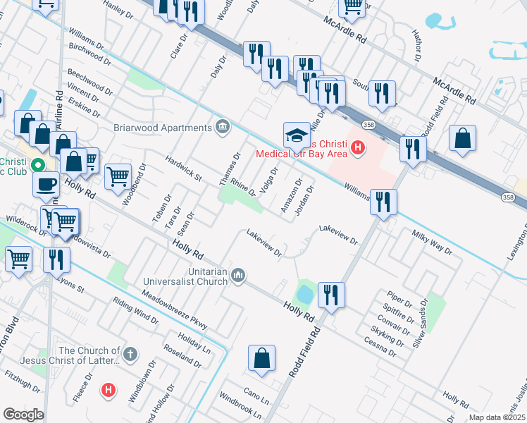 map of restaurants, bars, coffee shops, grocery stores, and more near 6910 Lakeview Drive in Corpus Christi