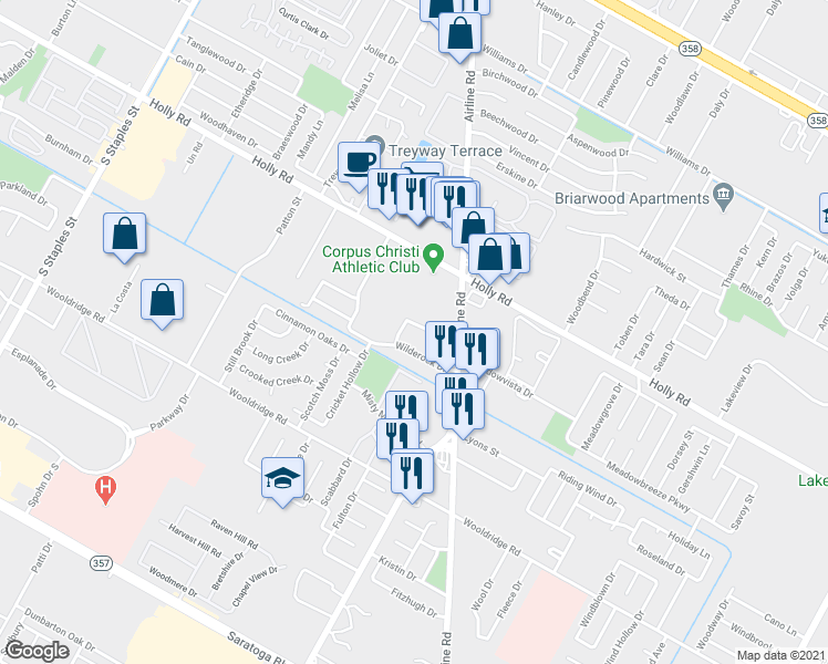 map of restaurants, bars, coffee shops, grocery stores, and more near 2313 Capitan Drive in Corpus Christi