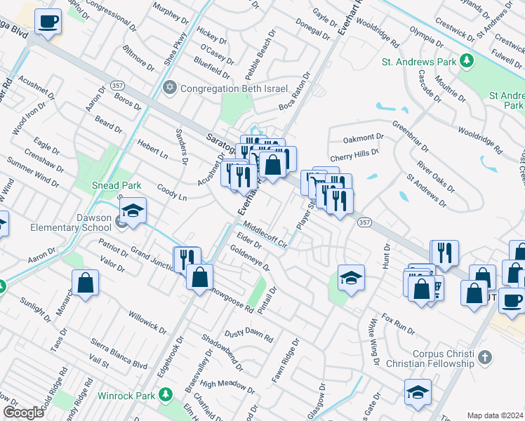 map of restaurants, bars, coffee shops, grocery stores, and more near 6602 Everhart Road in Corpus Christi