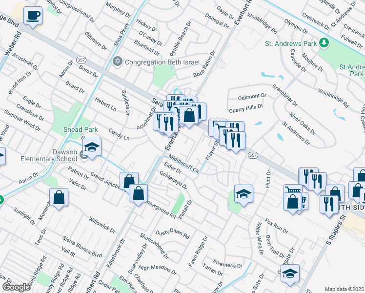map of restaurants, bars, coffee shops, grocery stores, and more near 6602 Everhart Road in Corpus Christi