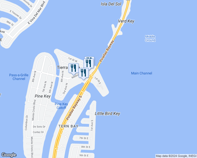 map of restaurants, bars, coffee shops, grocery stores, and more near 132 1st Street East in Tierra Verde