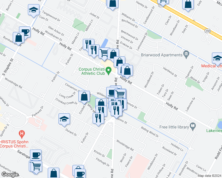 map of restaurants, bars, coffee shops, grocery stores, and more near 2149 Airline Road in Corpus Christi