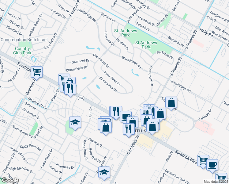 map of restaurants, bars, coffee shops, grocery stores, and more near 5313 Saint Andrews Drive in Corpus Christi