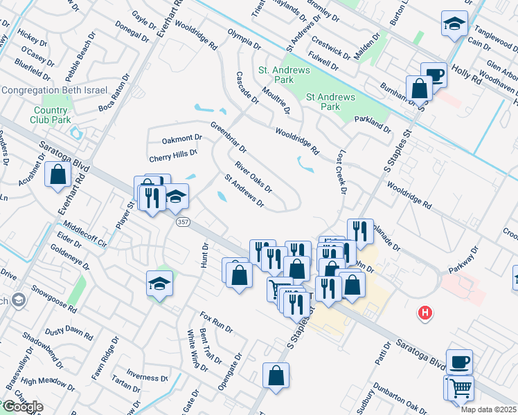 map of restaurants, bars, coffee shops, grocery stores, and more near 5313 Saint Andrews Drive in Corpus Christi