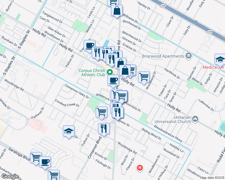 map of restaurants, bars, coffee shops, grocery stores, and more near 2218 Capitan Drive in Corpus Christi