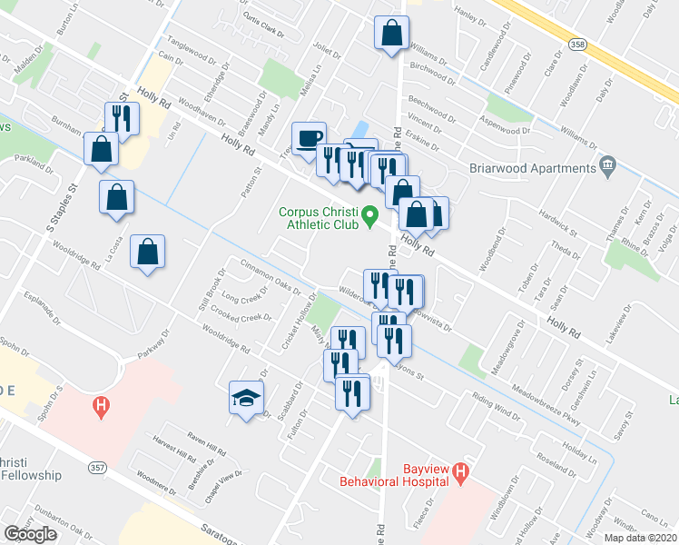 map of restaurants, bars, coffee shops, grocery stores, and more near 2418 Capitan Drive in Corpus Christi