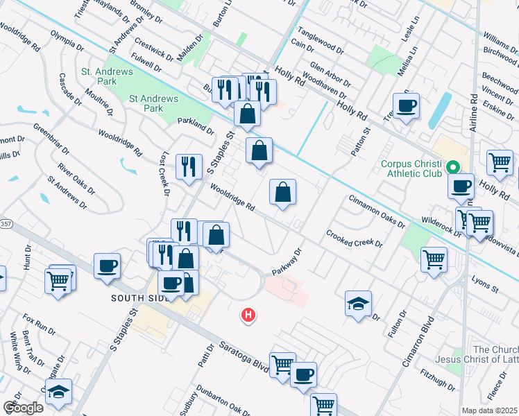 map of restaurants, bars, coffee shops, grocery stores, and more near 5734 Wooldridge Road in Corpus Christi