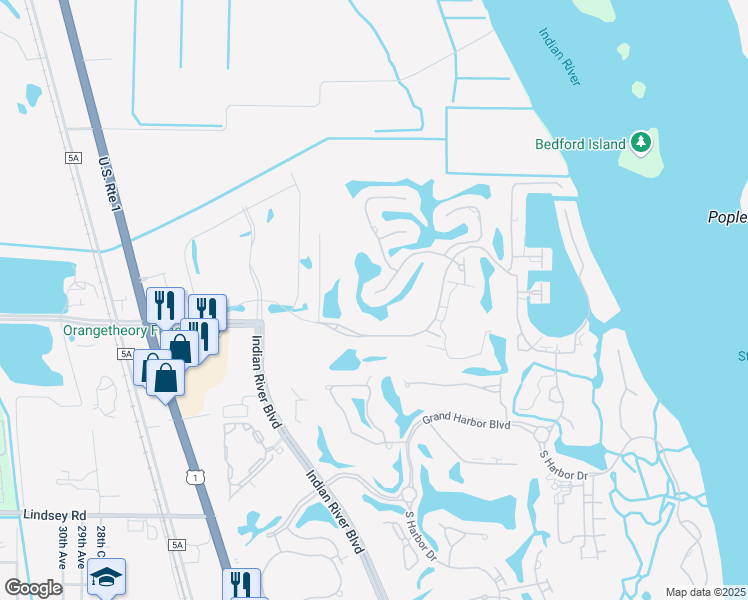 map of restaurants, bars, coffee shops, grocery stores, and more near 1885 Paseo Del Lago Lane in Vero Beach