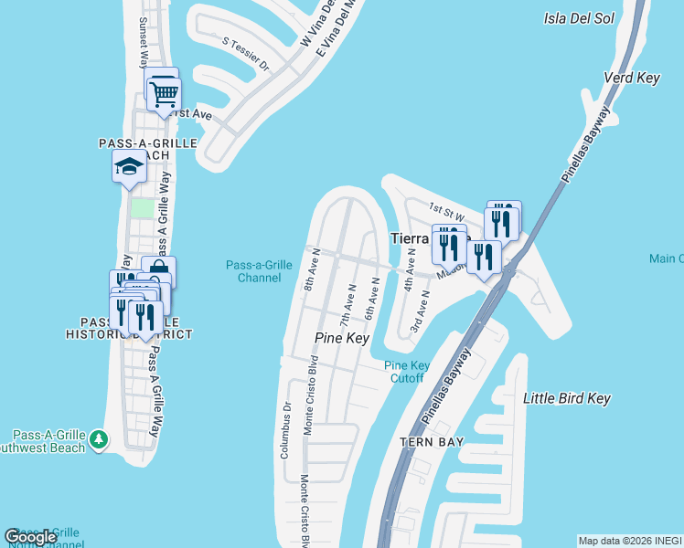 map of restaurants, bars, coffee shops, grocery stores, and more near 305 Monte Cristo Boulevard in Tierra Verde
