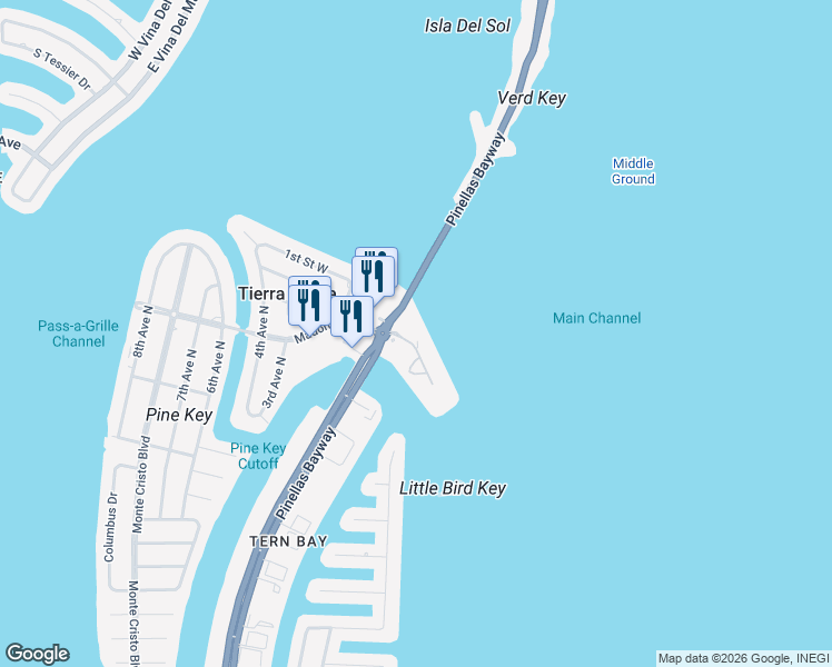 map of restaurants, bars, coffee shops, grocery stores, and more near 132 1st Street East in Tierra Verde