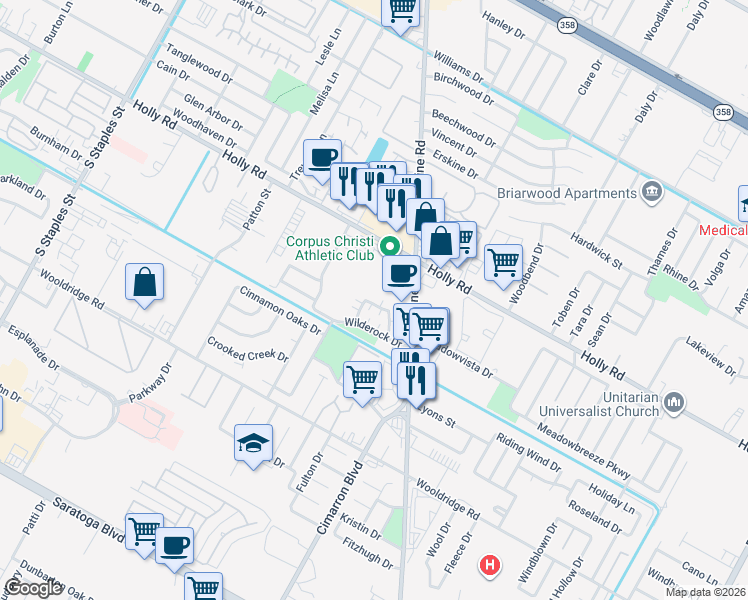 map of restaurants, bars, coffee shops, grocery stores, and more near 2309 Capitan Drive in Corpus Christi