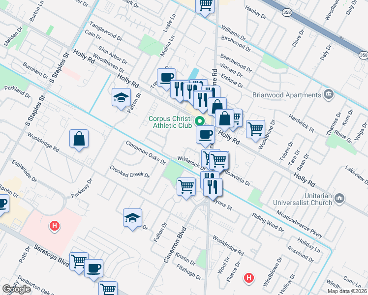 map of restaurants, bars, coffee shops, grocery stores, and more near 2418 Capitan Drive in Corpus Christi