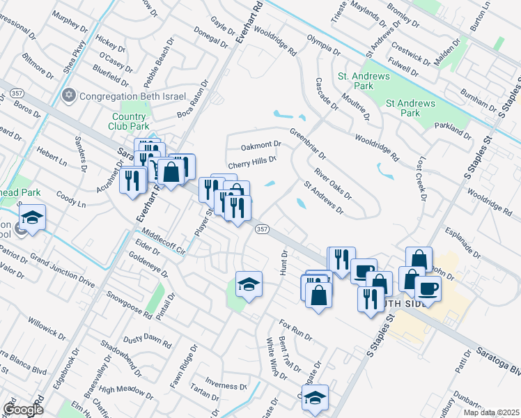 map of restaurants, bars, coffee shops, grocery stores, and more near 6448 Long Meadow Drive in Corpus Christi