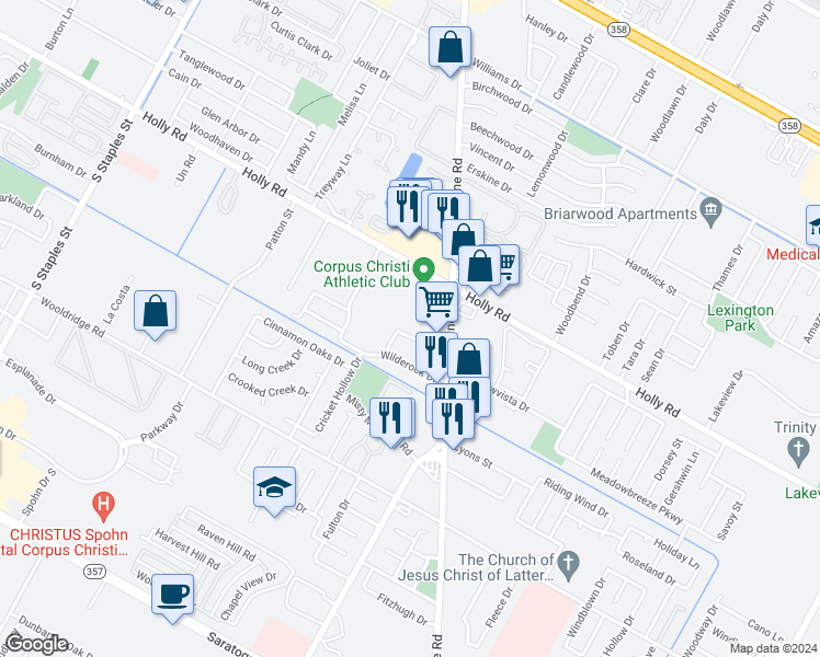 map of restaurants, bars, coffee shops, grocery stores, and more near 2314 Capitan Drive in Corpus Christi