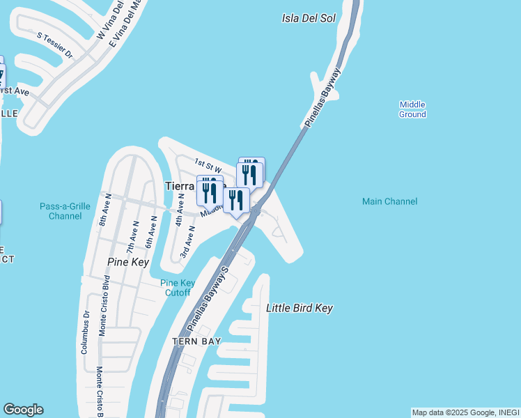 map of restaurants, bars, coffee shops, grocery stores, and more near 132 1st Street East in Tierra Verde