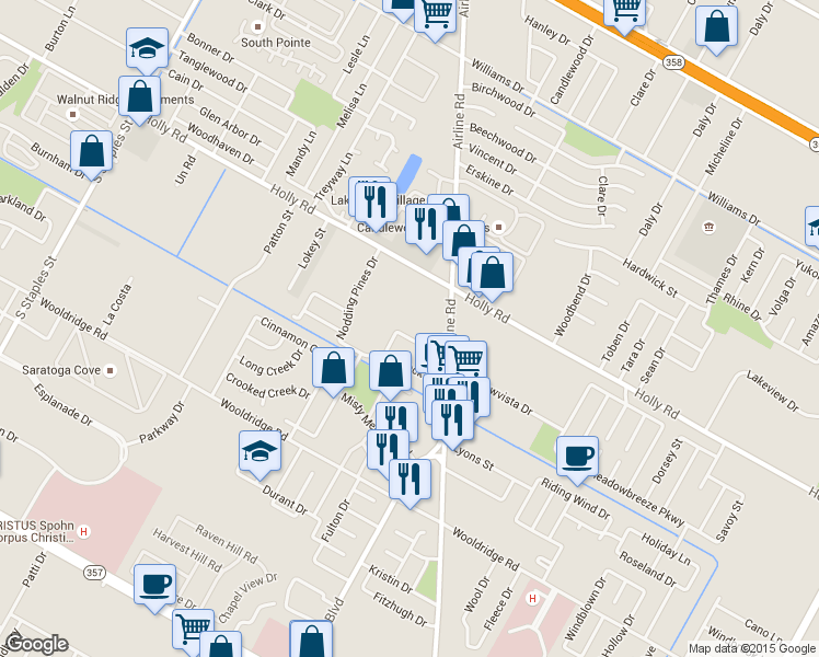 map of restaurants, bars, coffee shops, grocery stores, and more near 2309 Capitan Drive in Corpus Christi
