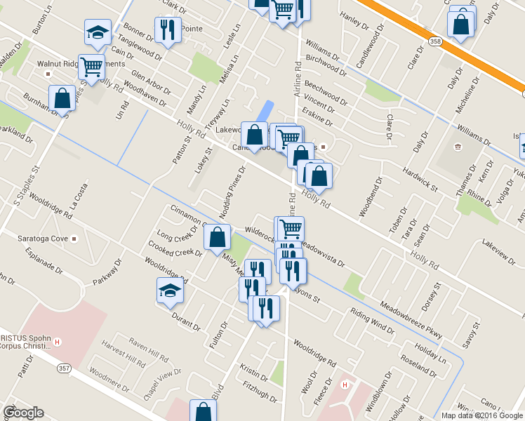 map of restaurants, bars, coffee shops, grocery stores, and more near 2101 Airline Road in Corpus Christi