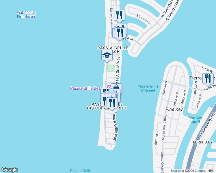 map of restaurants, bars, coffee shops, grocery stores, and more near 109 13th Avenue in St. Pete Beach