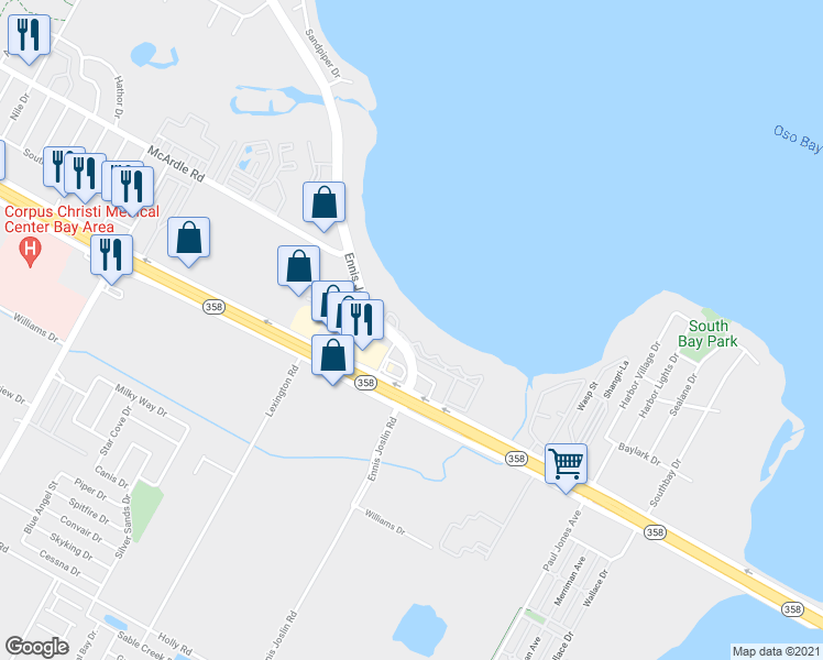 map of restaurants, bars, coffee shops, grocery stores, and more near 1734 Ennis Joslin Road in Corpus Christi