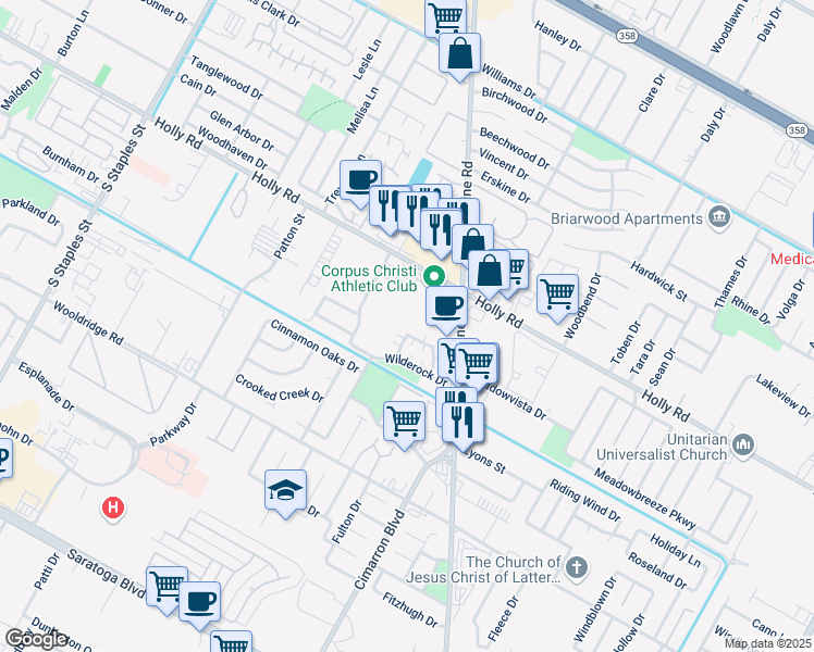 map of restaurants, bars, coffee shops, grocery stores, and more near 2101 Airline Road in Corpus Christi