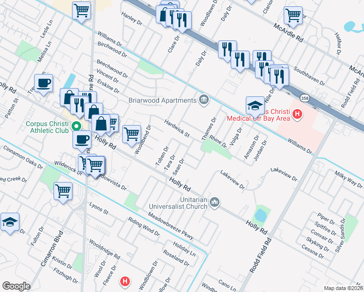 map of restaurants, bars, coffee shops, grocery stores, and more near 6645 Hardwick Street in Corpus Christi