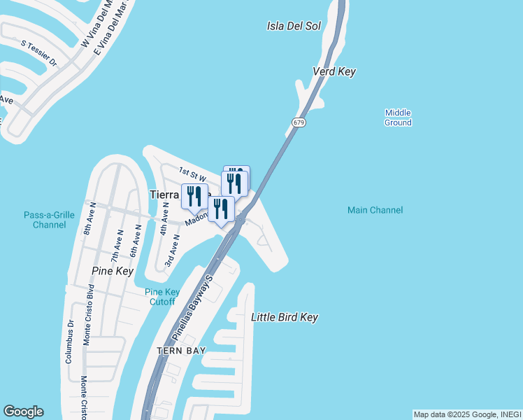 map of restaurants, bars, coffee shops, grocery stores, and more near 103 1st Street East in Tierra Verde