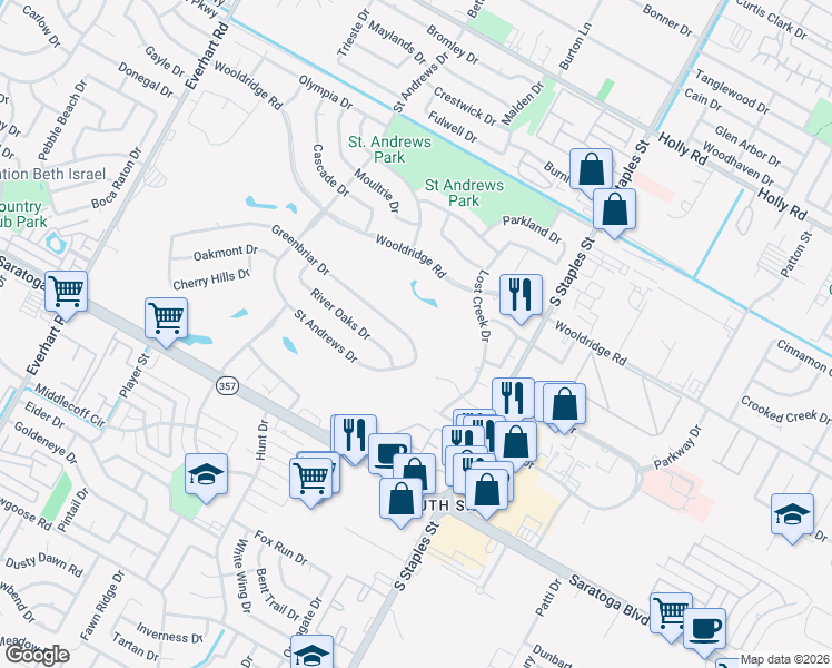 map of restaurants, bars, coffee shops, grocery stores, and more near 5322 Greenbriar Drive in Corpus Christi