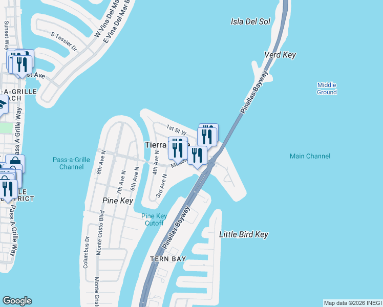 map of restaurants, bars, coffee shops, grocery stores, and more near 127 3rd Street West in St. Petersburg
