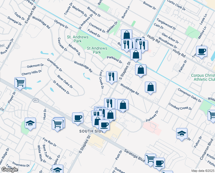 map of restaurants, bars, coffee shops, grocery stores, and more near 5509 Sarazen Drive in Corpus Christi