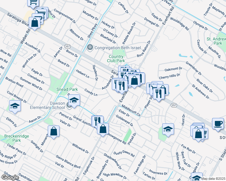 map of restaurants, bars, coffee shops, grocery stores, and more near 4710 Middlecoff Circle in Corpus Christi