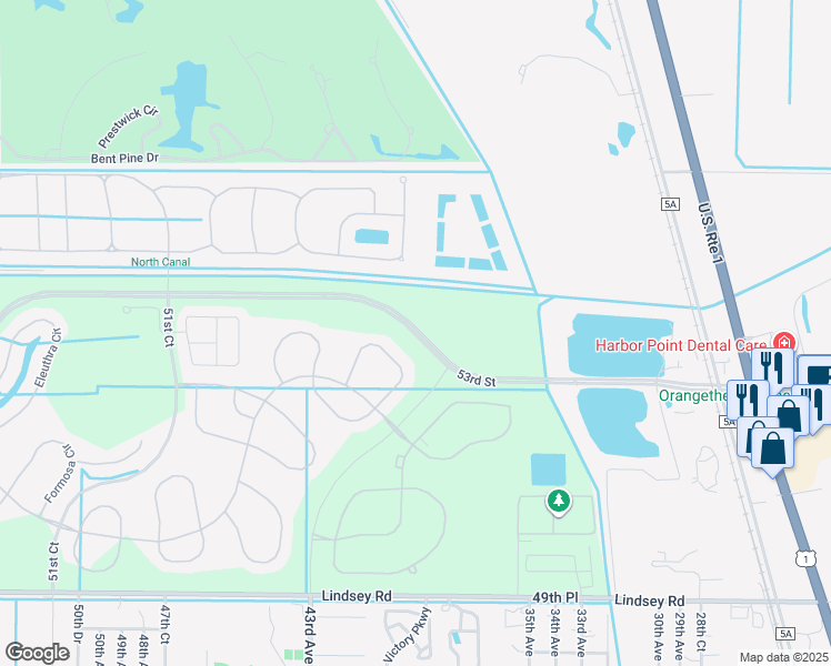 map of restaurants, bars, coffee shops, grocery stores, and more near 53rd Street in Vero Beach