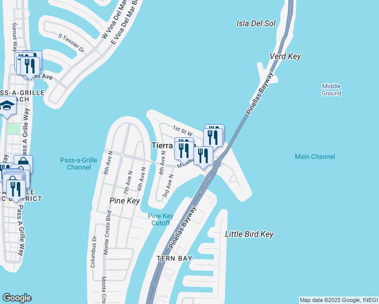 map of restaurants, bars, coffee shops, grocery stores, and more near 127 3rd Street West in St. Petersburg