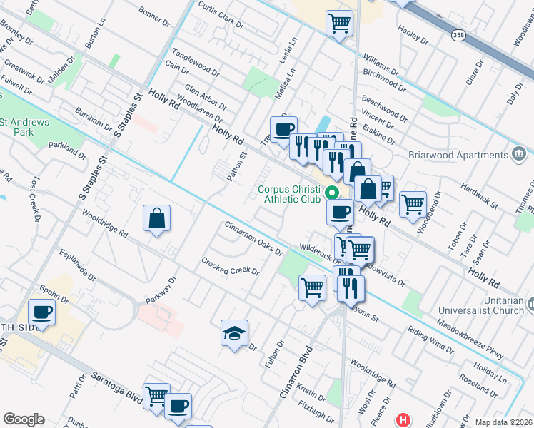 map of restaurants, bars, coffee shops, grocery stores, and more near 5922 Golden Canyon Drive in Corpus Christi