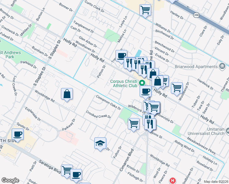 map of restaurants, bars, coffee shops, grocery stores, and more near 5922 Golden Canyon Drive in Corpus Christi