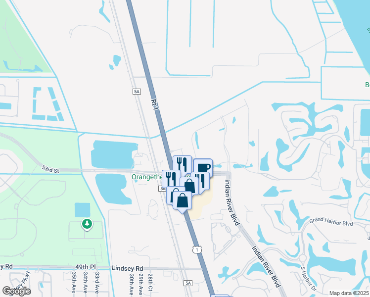 map of restaurants, bars, coffee shops, grocery stores, and more near 5380 U.S. 1 in Vero Beach