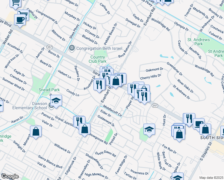 map of restaurants, bars, coffee shops, grocery stores, and more near 6506 Everhart Road in Corpus Christi