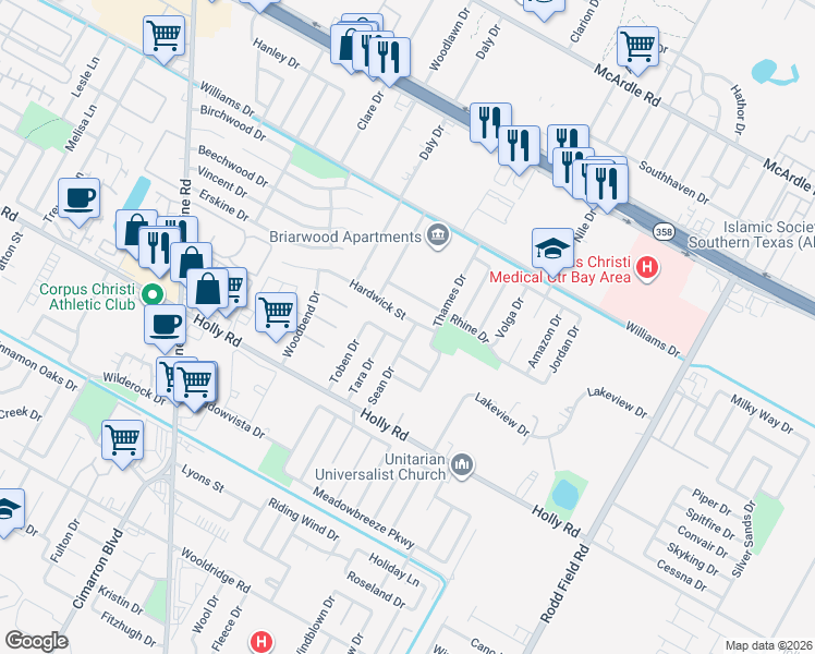 map of restaurants, bars, coffee shops, grocery stores, and more near 6645 Hardwick Street in Corpus Christi