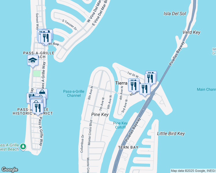 map of restaurants, bars, coffee shops, grocery stores, and more near 323 7th Avenue North in Tierra Verde