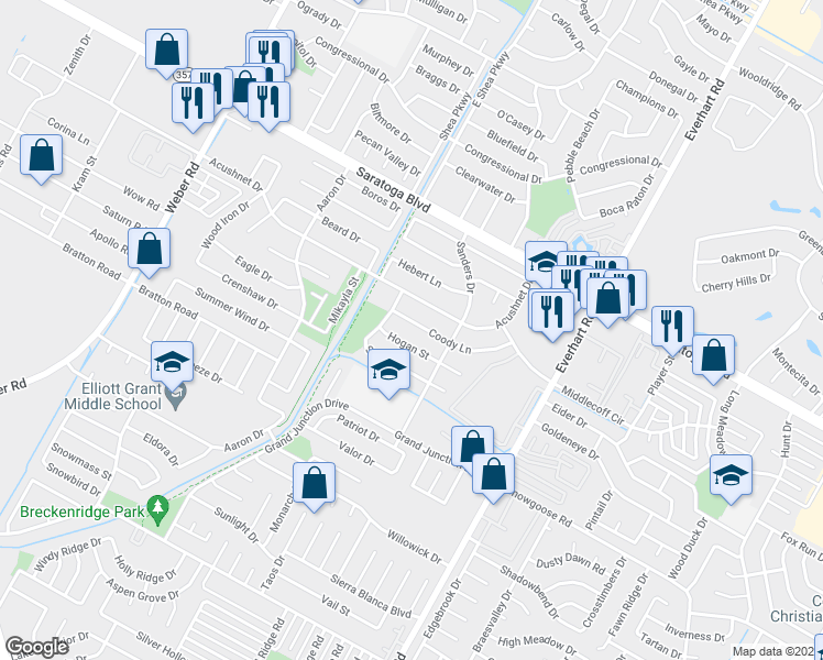 map of restaurants, bars, coffee shops, grocery stores, and more near 4517 Coody Lane in Corpus Christi