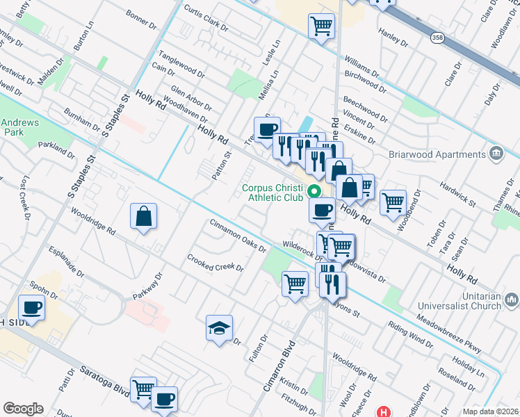 map of restaurants, bars, coffee shops, grocery stores, and more near 5922 Golden Canyon Drive in Corpus Christi